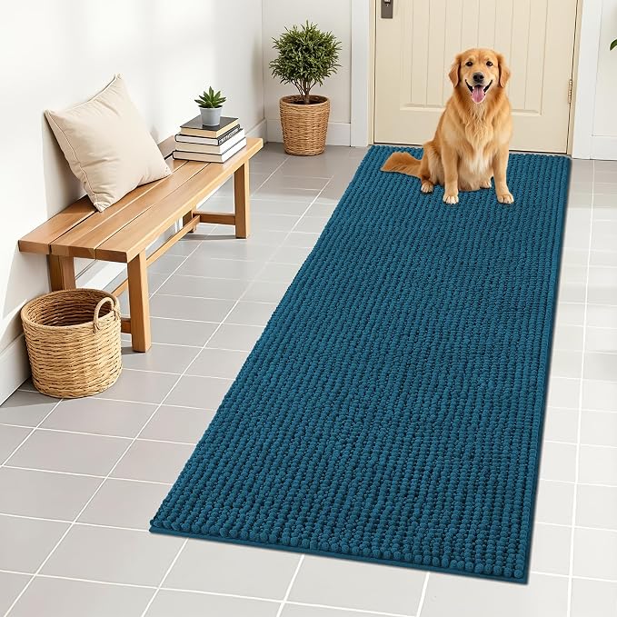 OLANLY Dog Door Mat for Muddy Paws 59x24, Extra Absorbent Chenille Mud Mat | Atlantic Blue, Absorbs Moisture and Dirt, Non-Slip Machine Washable Doormat, Quick-Drying Indoor Entryway Floor Mat for Dogs
