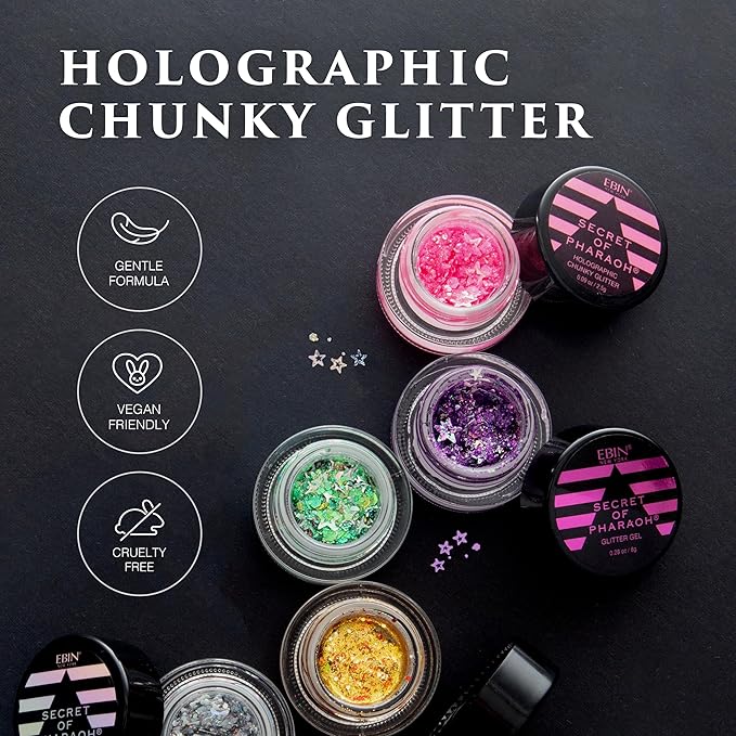 Secret of Pharaoh Holographic Chunky Glitter Gel for Face, Body, Hair - Purple Sparkle | Vibrant Colores, Festival and Party Makeup - Versatile and Long-Lasting, Dazzling and Shimmering Effect