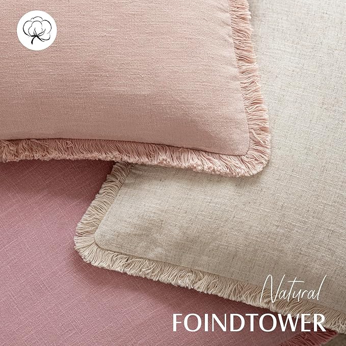 Foindtower Set of 2 Decorative Linen Fringe Throw Pillow Covers Cozy Boho Farmhouse Cushion Cover with Tassels Soft Accent Pillowcase for Couch Sofa Bed Living Room Home Decor,20×20 Inch,Rose Pink