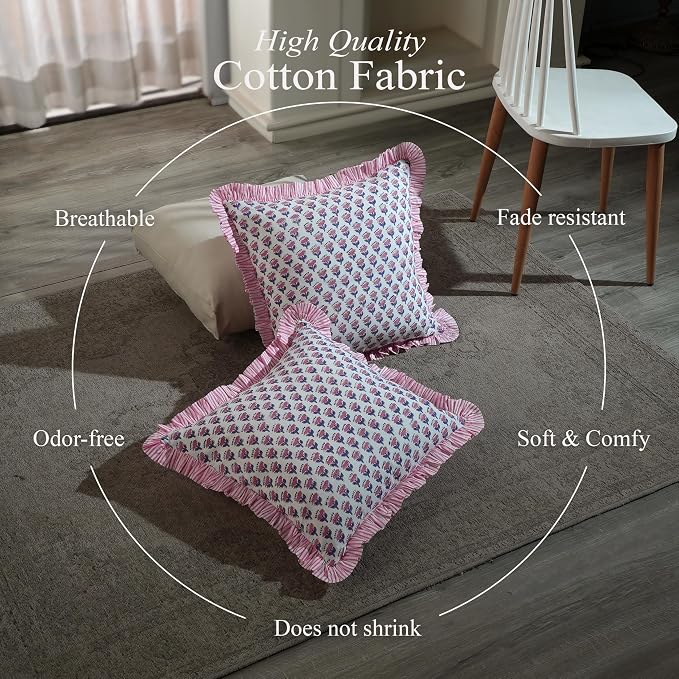 CPC Pink Sapphire Ruffle Throw Pillow Covers for Couch, 20x20 Inch Cotton Stripe Ruffle Couch Pillows for Living Room, Hidden 16 Inch Zipper Boho Pillow Case or Cute Outdoor Pillows