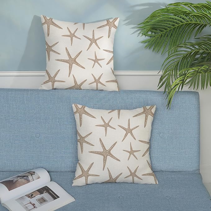 Brown Tan Starfish Pillow Covers 18x18 Inch Set of 2 Coastal Throw Pillows Spring Summer Nautical Ocean Theme Beach Decorative Pillow Cases Linen Outdoor Decor Cushion Case for Home Bedroom