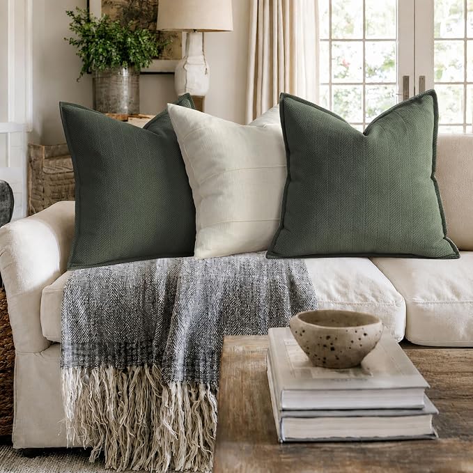 Army Green Pillow Covers 26x26 Set of 2 Chenille Throw Pillow Covers with Elegant Design Soft and Luxurious Decorative Pillows for Couch, Bed, Home Decor