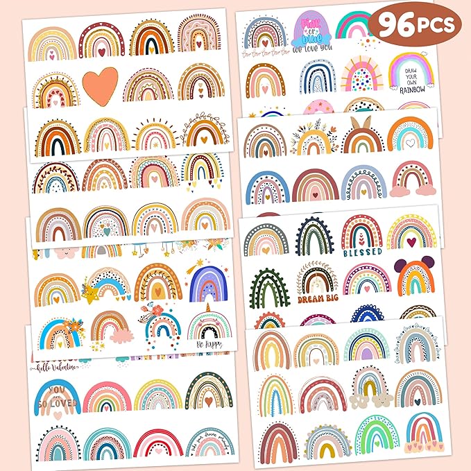 Boho Rainbow 1st Temporary Tattoos 8 Sheets 96PCS Rainbow Party Decorations Supplies Favors Boho Pastel Theme Birthday Cute Stickers Christmas Gifts for Boys Girls Class School Prizes Carnival