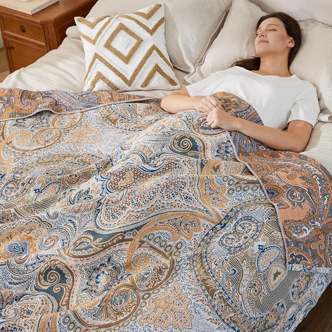 100% Cotton Boho Throw Blanket for Home Decor – Classic Farmhouse Quilt Bedding, Muslin Blankets for Adults, Vintage Woven Decorative Blanket for Couch, Bed Layering Use, Paisley Pattern, 50"x60"