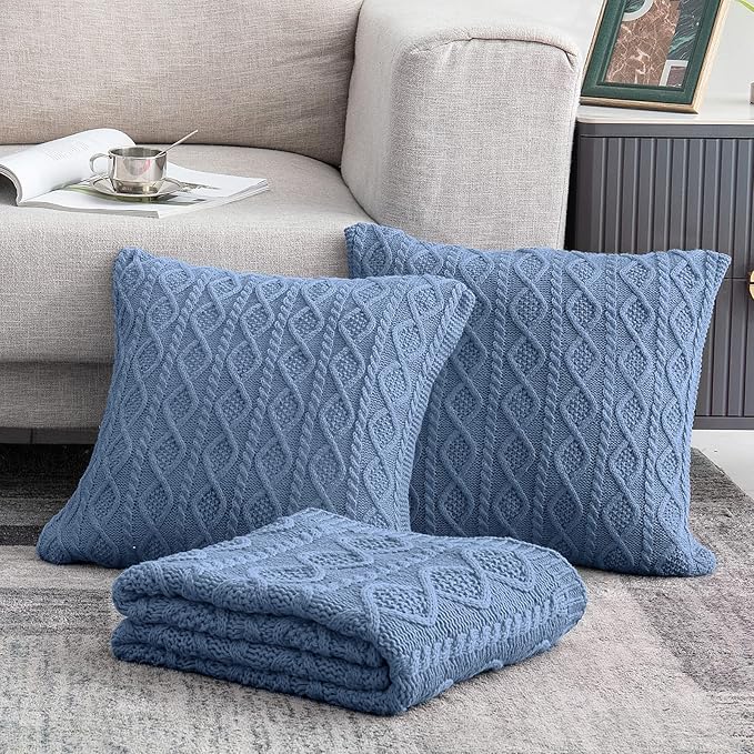Homiest Dusty Blue Cable Knit Throw Blanket 60x80 Inch, Diamond Texture | Pure Acrylic, Lightweight & Breathable, All-Season Use, Machine Washable, Wrinkle & Fade Resistant, for Couch Bed And Sofa