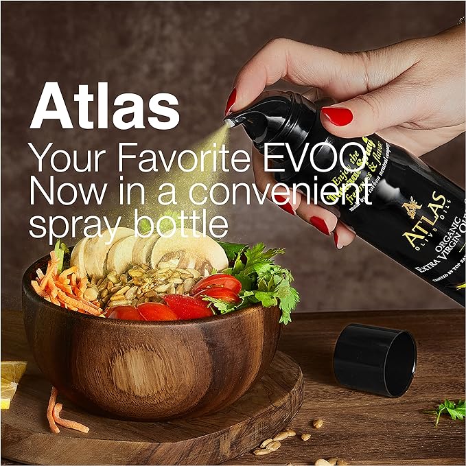 Olive Oil Spray by Atlas, Dual Function Olive Oil Cooking Spray and Stream, 5.4 fl oz, Extra Virgin, Non Stick, Cold Pressed, Polyphenol Rich, Organic Moroccan EVOO, Hydroxytyrosol, Keto
