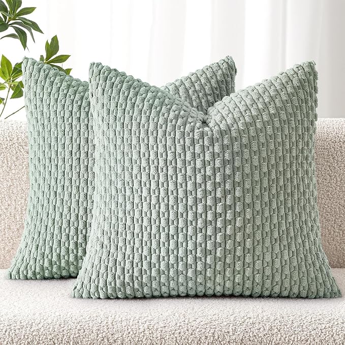 MIULEE Decorative Throw Pillow Covers 16x16 Greyish Green Textured Corduroy | Pack of 2 Striped Pillow Covers Modern Farmhouse Home Decor for Couch Bed Sofa Living Room