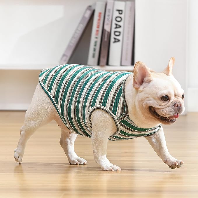 Dog Shirts Vest Cotton Striped T-Shirt, Sleeveless Stretchy Pet Clothes for Small Dogs, 2-Pack Soft Breathable Puppy Tank Top Cat Tee (Medium, Pine Green,Plum Red)
