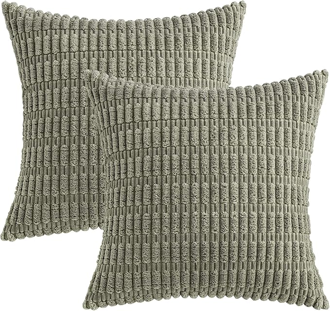 MIULEE Corduroy Decorative Throw Pillow Covers 16x16 Light Olive Pack of 2 | Green Soft Boho Striped Pillow Covers Modern Farmhouse Home Decor For Sofa Living Room Couch Bed
