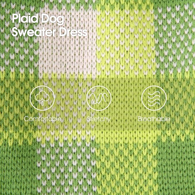 Dog Sweater Dress Plaid Knitwear for Small Medium Dogs Warm Puppy Pet Turtleneck Stretch Pullover Cute Fall Winter Vest Clothes with Leash Hole for Christmas (Green, 2XS)