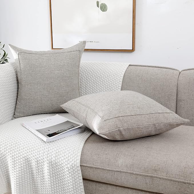 18x18 Inch Burlap Linen Throw Pillow Covers, Pack of 2 Decorative Farmhouse Rustic Neutral Pillow Cases Square Durable Cushion Cover for Sofa Couch Bed Home Decor, Beige/Khaki Threads