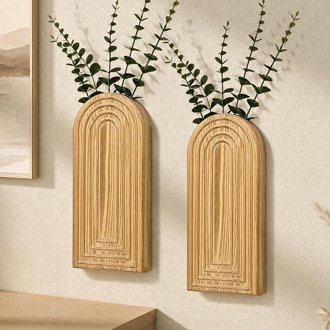 EOSAHR Wall Vase: Wall Planter for Indoor Plants & Fake Flowers, WarmYellow | 2Pcs, Pine Wood, Hanging Vase, Wall Art for Living Room, Boho Decor, Suitable for Eucalyptus Plant & Artificial Flower