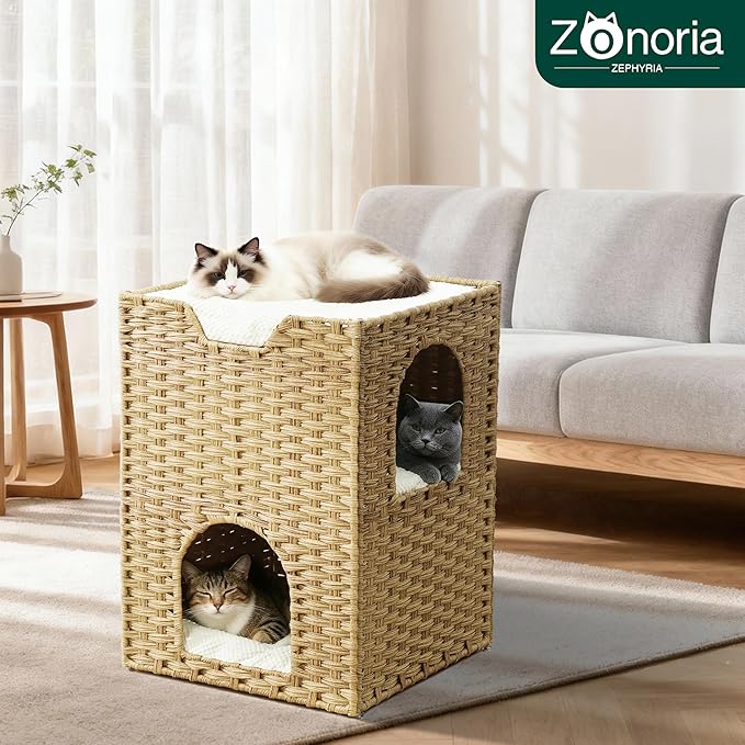 Safety Triple-Layer Cat House for Indoor Cats - Hand-Woven Rattan Cat Cave with 2 Hideaways & 3 Soft Pads - Foldable & Sturdy Cat Condo Furniture for Multiple Cats & Small Pets, Easy Assembly