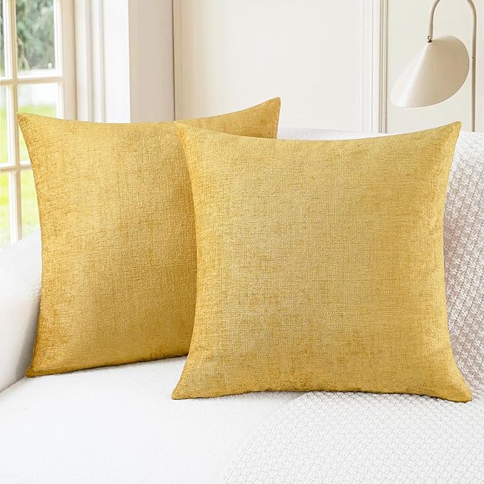 CaliTime Decorative Couch Throw Pillow Covers 18 X 18 Inches Gold | Pack of 2, Cozy Chenille Cushion Cases for Sofa Bed Living Room Farmhouse Home
