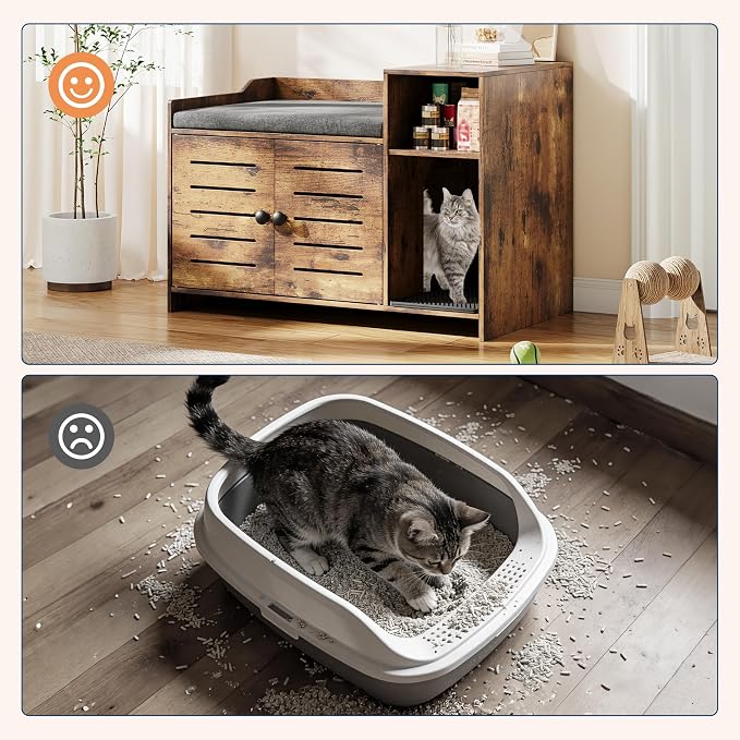 Cat Litter Box Enclosure Furniture, Large Hidden Litter Box Cabinet with Double Door, End Table Cat House with Storage Shelf, Modern Pet Furniture for Living Room, Brown