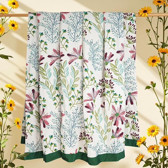 VANJOROY Boho Throw Blanket, 100% Organic Cotton Breathable Ultra Soft 91" x 108" King Bed Quilt Throw - All Season Floral Rustic Farmhouse Decor Luxury Blanket for Sofa Couch Chair and Gift