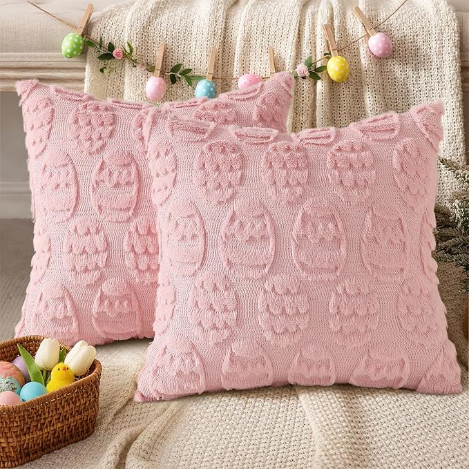 decorUhome Pink Faux Fur Egg Throw Pillow Covers 18x18 Set of 2 | Plush Soft Wool Jacquard Pink Cushion Covers, Modern Farmhouse Neutral Easter Holiday Decor Pillow Covers for Couch Sofa Bed