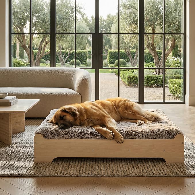 Elevated Wood Dog Bed Frame with Foam Mattress, WoodPattern, XL | Raised Dog Bed with Washable Cover, Furniture-Style Design for Indoor Living