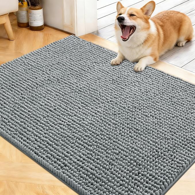 OLANLY Dog Door Mat for Muddy Paws 40x32, Extra Absorbent Chenille Mud Mat | Grey, Absorbs Moisture and Dirt, Non-Slip Machine Washable Doormat, Quick-Drying Indoor Entryway Floor Mat for Dogs