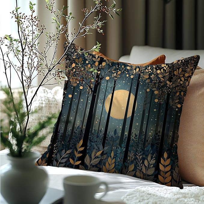 Rustic William Morris Style Black Moon Pillow Covers 18x18,Vintage Black and Gold Forest Moon Botanical Nature Landscape Decorative Throw Pillow Covers for Home Bedroom Living Room