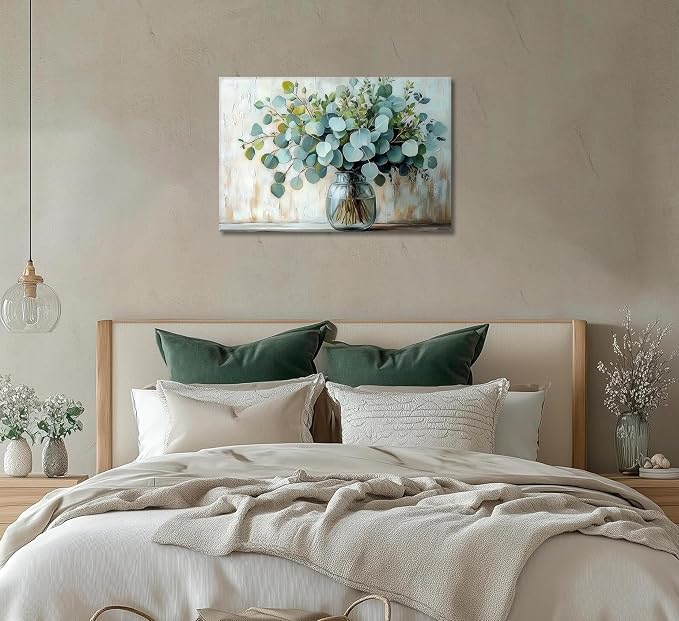 Eucalyptus Flower Vase Canvas Wall Art Sage Green Canvas With Plants Wall Decor Farmhouse Vintage Green Plants Poster Print Artwork for Bathroom Living room Bedroom Home Decoration