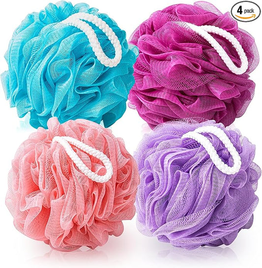 MTDLYICE Loofah for Women 75g 4 Pack, Bath Sponge Soft Mesh Shower Puff Loofah Sponge, Exfoliating Body Scrubber, lufas for Women, Shower Accessories (Purple Red Pink Blue)