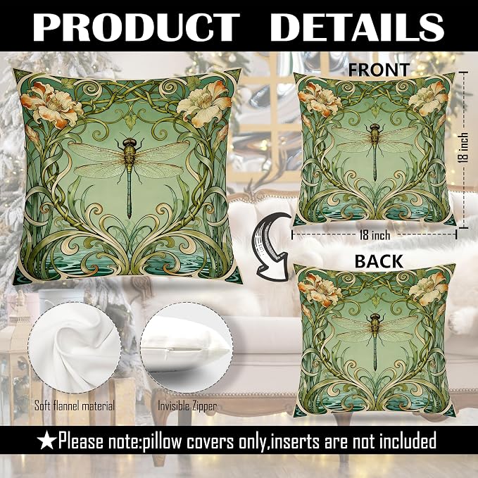 Art Nouveau Floral Dragonfly Bee Pillow Covers 18x18 Set of 2, Nature Room Home Decor, Cottagecore Green Vintage Floral Nature Insects Decorative Pillow Covers for Home Living Room Bedroom