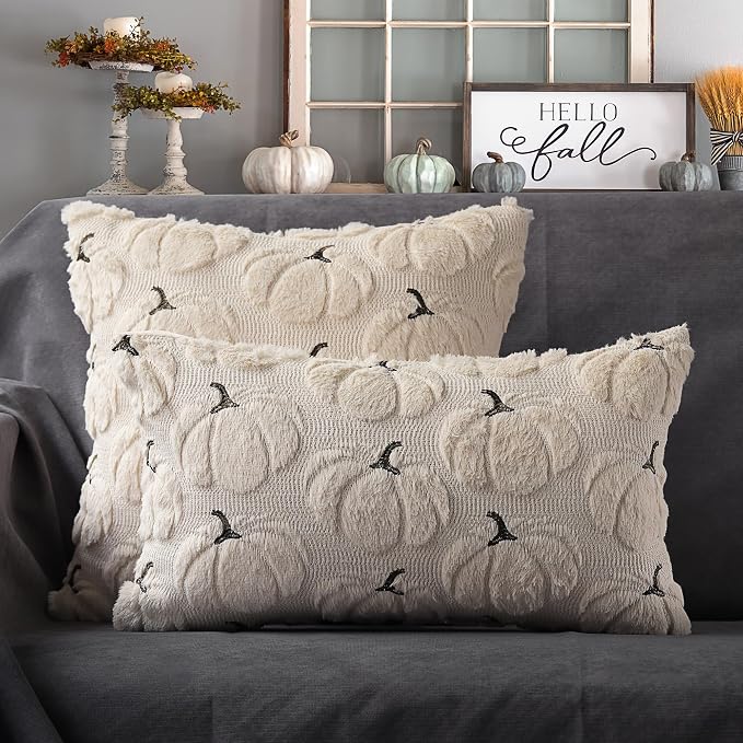 Fall Pumpkins Decorative Pillow Covers 16x16 Set of 2, Beige Soft Plush Faux Fur Wool Farmhouse Throw Cushion Cases for Autumn Thanksgiving Holiday Home Decorations
