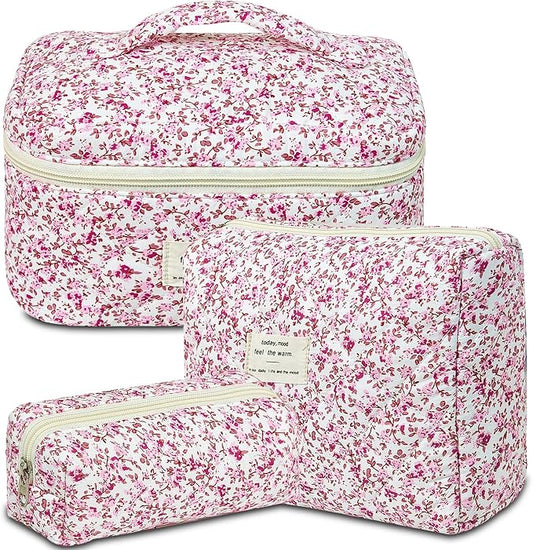 GISMTR 3Pcs Makeup Bag Cotton Quilted Travel Cosmetic Bag Cute Floral Makeup Pouch Large Toiletry Bag for Women Girls