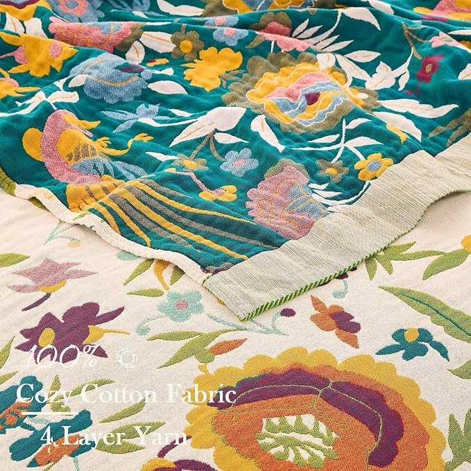 XIBLC Boho Throw Blanket for Bed, 100% Cotton Soft Rustic Quilt Fall Blanket, 50"x60" Colorful Floral Printed Farmhouse Decor Bed Blankets, All Season Rustic Reversible Bohemian Throw Quilt