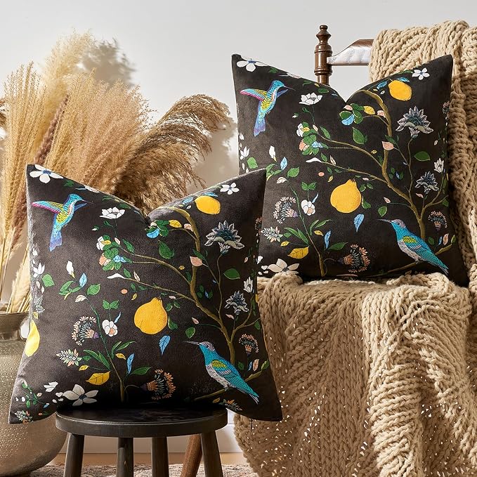 MUSSEL Brown Velvet Floral Decorative 16x16 Pillow Covers Set of 2 | Soft Durable and Sturdy,Bird Plant,Throw Pillows Case,Square,Colorful Modern Cushion Covers,Home Sofa Bed Couch Decor