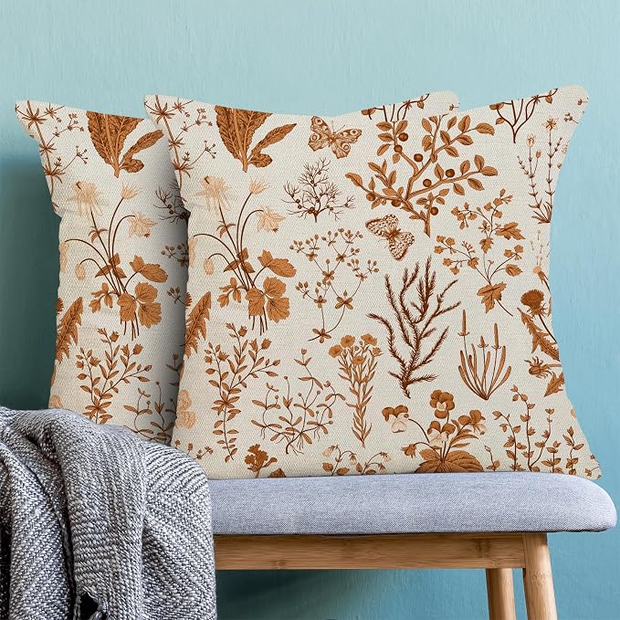 AEIOAE Fall Pillow Covers 20x20 Inch Set of 2,Burnt Orange Wild Flower Plant Throw Pillows Case,Seasonal Floral Outdoor Decorative Square Linen Farmhouse Decor Cushion Covers for Home Sofa Bed Couch