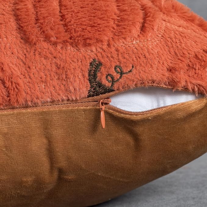 Fall Pumpkin Decorative Pillow Covers 16x16 Set of 2, Dark Rust Red Soft Plush Faux Fur Wool Farmhouse Throw Cushion Cases for Autumn Thanksgiving Holiday Home Decorations
