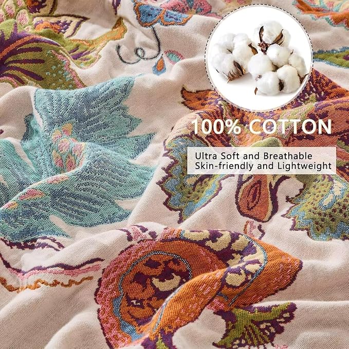 Boho Throw Blanket Farmhouse Decor Throw Blanket Bohemian Blanket for Bed 100% Cotton Muslin Woven Couch Blanket All Seasons Quilt Bedroom (B-Beige, 90"x98")