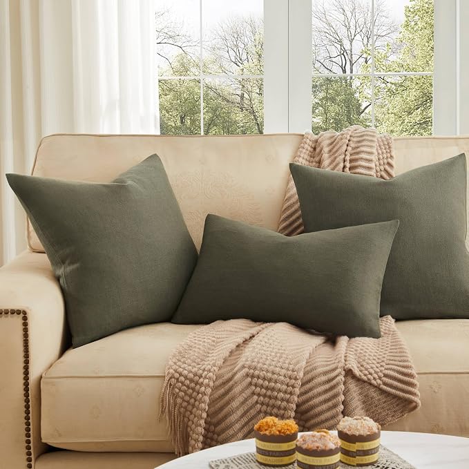 Rustic Linen Throw Pillow Covers Set of 2, Olive 22x22in | Textured Pillow Case, Rustic Cotton Linen Fabric, Modern Farmhouse Cushion Covers for Sofa Bed Living Room Home Decor