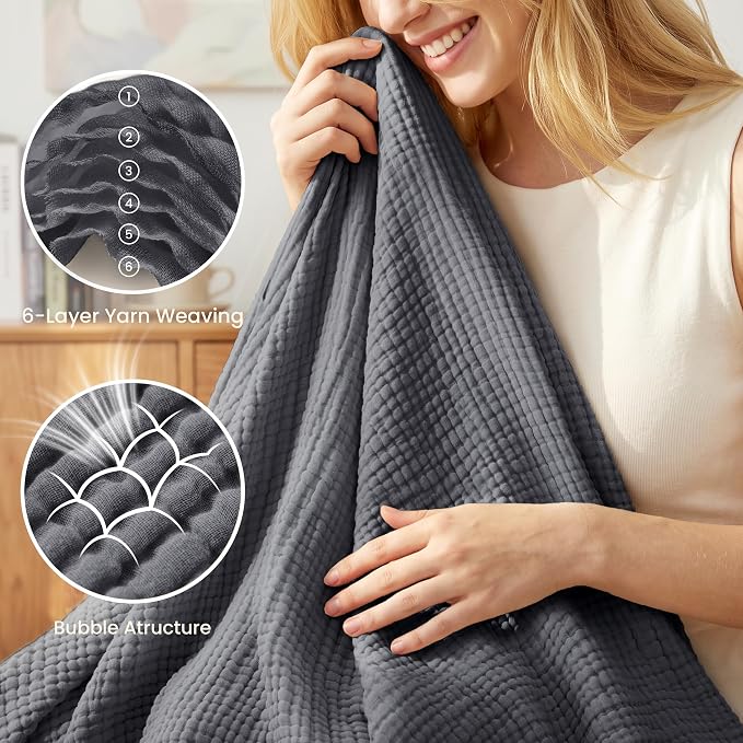Love's cabin 100% Cotton Muslin Blanket, 6 Layer Lightweight Breathable Gauze King Size Blanket 108 x 90 Inches, Soft Summer Blanket for Bed, Dark Grey
