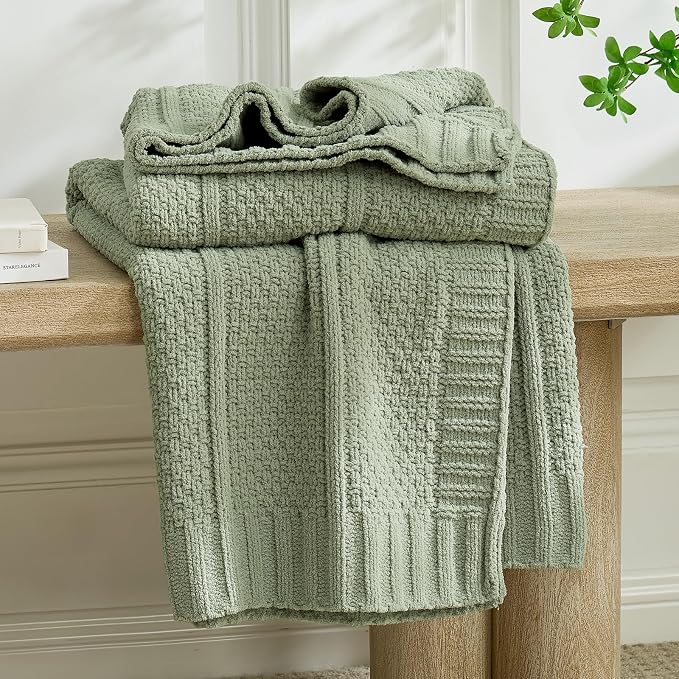 Chenille Throw Blanket for Couch, Soft Cozy Chunky Knit Blanket, Moss Stitch Throw for Sofa, Bed, Living Room, Lightweight Warm Home Decor, Sage Green 60"x80"
