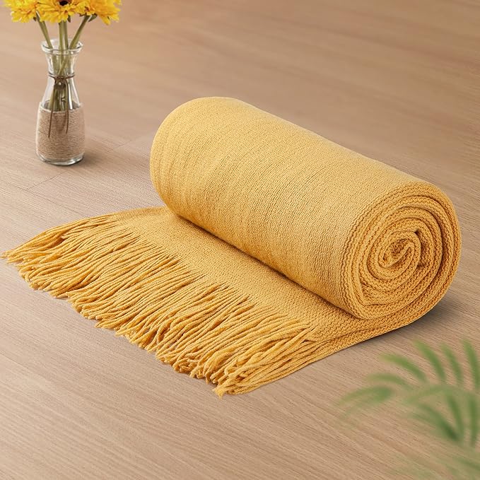 Vonty Mustard Yellow Knitted Throw Blanket with Tassels, 50x60 Acrylic | Super Soft And Lightweight, Year-Round Cozy Warmth, Farmhouse Decorative Style, Machine Washable, for Couch, Sofa or Bed