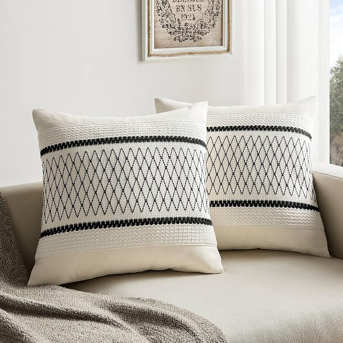 2 Pack Boho Throw Pillow Covers, Grid Black 20x20in | Soft Breathable Cotton, Farmhouse Decorative Couch Pillow Cases, Cushion Covers for Sofa Bed Living Room Home Decor
