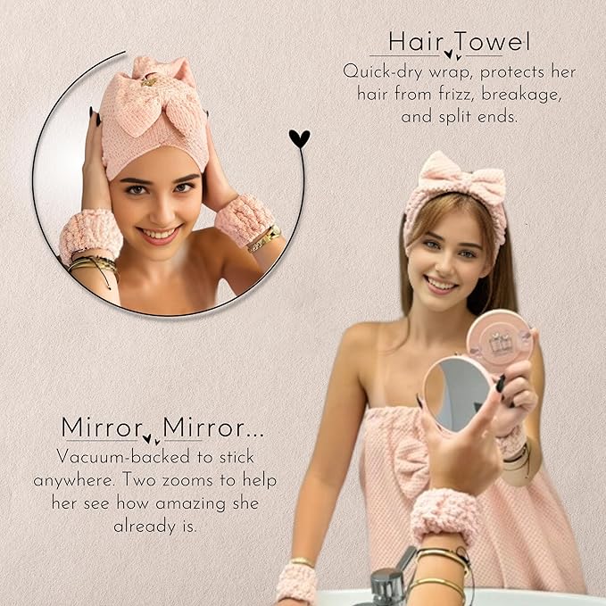 HAPPY LOLLI Power Shower Gift Set for Teen & College Girls, Birthday Gift, Self Care College Essentials Bath Accessories with Towels, Headband, Wristbands & Face Sponge (Fresh in Pink)