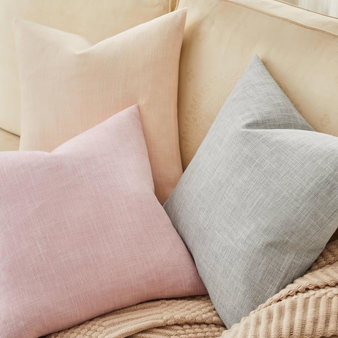 Rustic Linen Throw Pillow Covers Set of 2, Light Grey 16x16in | Textured Pillow Case, Rustic Cotton Linen Fabric, Modern Farmhouse Cushion Covers for Sofa Bed Living Room Home Decor