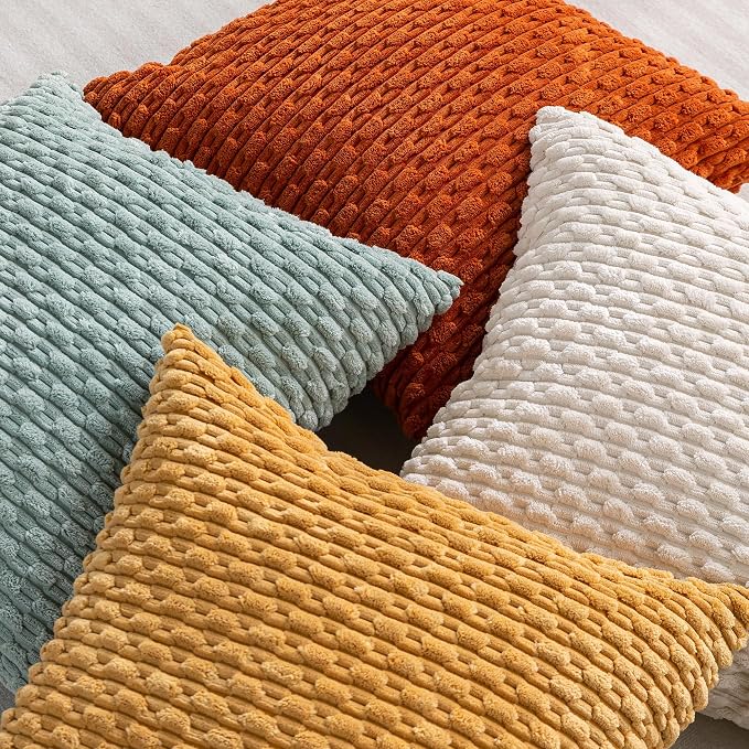Set of 4 Yellow Rust Aqua Decorative Throw Pillow Covers 26x26 Inch Corduroy Pillow Covers for Bed Couch Sofa Living Room Soft Square Cushion Cases
