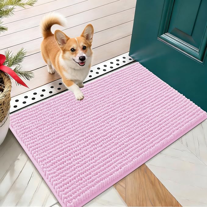 OLANLY Dog Door Mat for Muddy Paws 24x16, Extra Absorbent Chenille Mud Mat | Pink, Absorbs Moisture and Dirt, Non-Slip Machine Washable Doormat, Quick-Drying Indoor Entryway Floor Mat for Dogs
