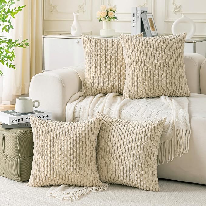Set of 4 Beige Decorative Throw Pillow Covers 16x16 Inch Corduroy Pillow Covers for Bed Couch Sofa Living Room Soft Square Cushion Cases