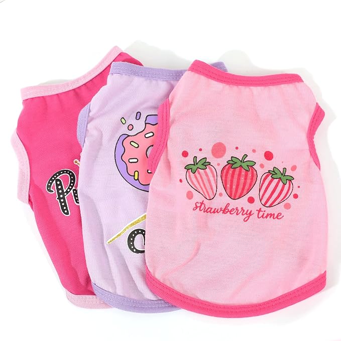3 Pieces Chihuahua Clothes Dog Summer Shirts Dog Clothes for Small Dogs Girl Pink Cute Strawberry Donut Printed Soft Puppy Outfits Pet Tshirts XXS (Pink,Rose,Purple,XXSmall)