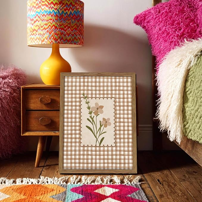 Framed Vintage Floral Wall Art Set of 3, Neutral Wildflower Botanical Canvas Wall Decor Paintings, Cottagecore Gingham Flower Posters Prints Pictures for Living Room Bedroom Bathroom 16x24 Inch