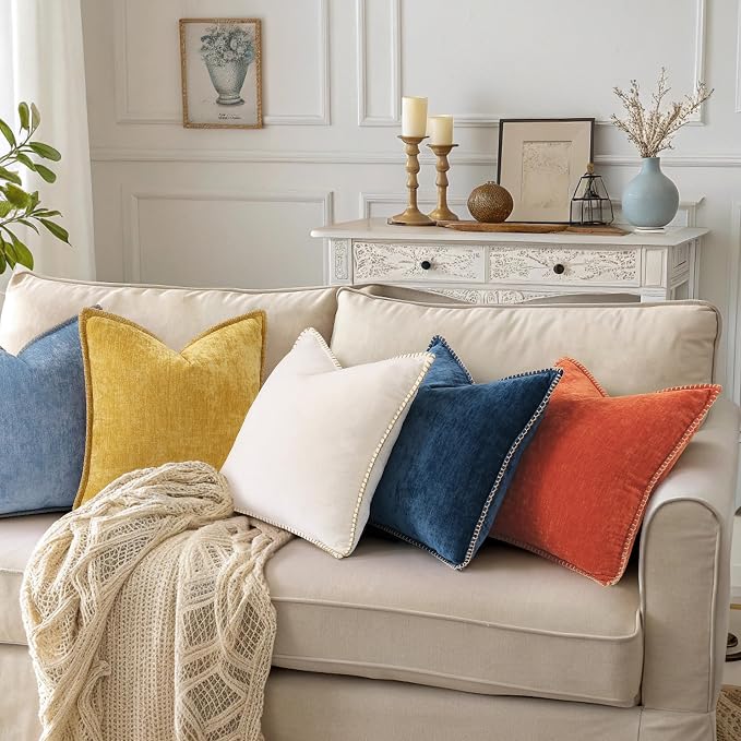decorUhome Soft Chenille Throw Pillow Covers 20x20 Set of 2 Mineral Yellow | Fall Textured Decorative Throw Pillow Cases Stitched Edge Modern Farmhouse Luxury Boho Velvet for Couch Sofa Bed Home Decor