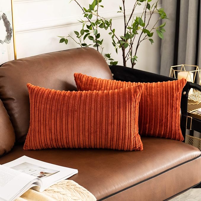 UGASA Fall 14x24 Inch Pillow Cover Pack of 1 Soft Boho Stripe Corduroy Long Rectangle Lumbar Cushion Case Farmhouse Decorative Throw Pilowcase for Bed, Couch, Sofa, Bedroom, Living Room, Burnt Brick