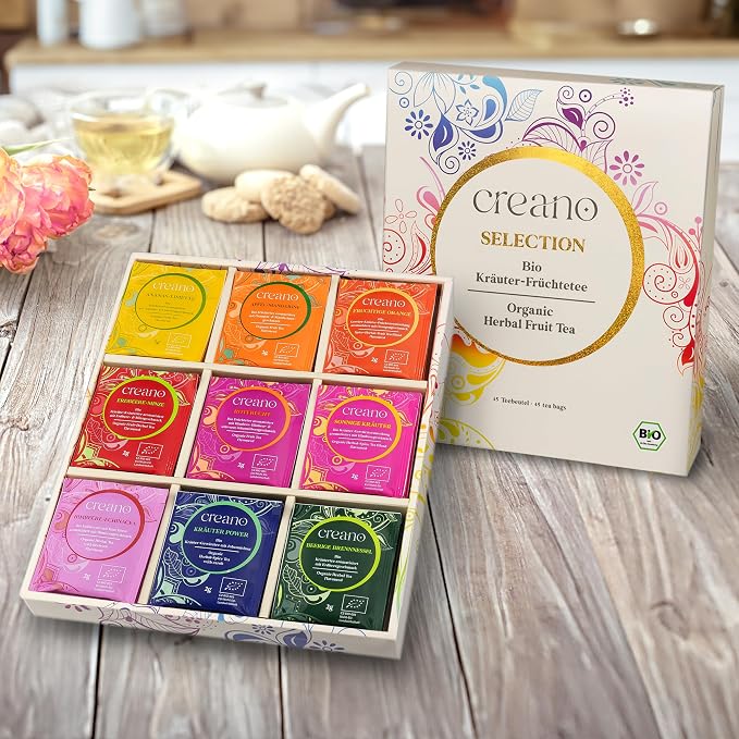 Creano Organic Herbal & Fruit Tea Gift Set – 45 Organic Tea Bags in 9 Dreamy Varieties – 90 g*