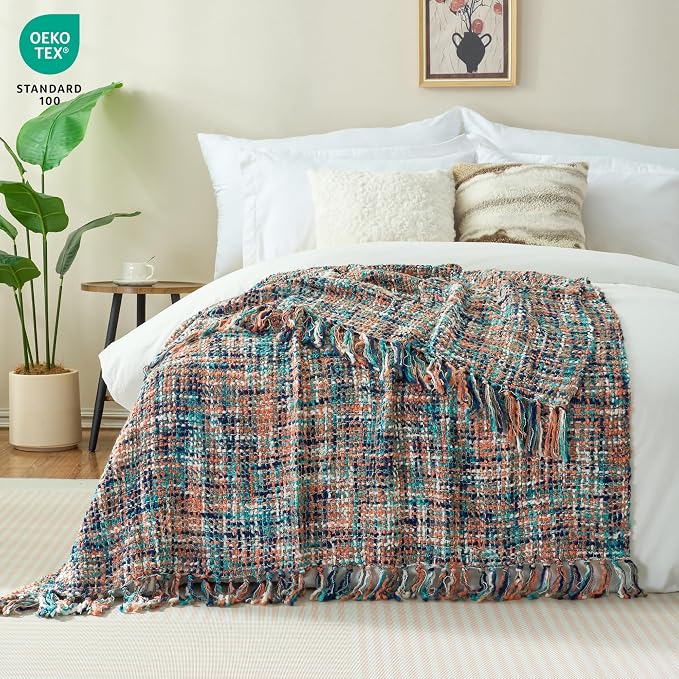 Multi-Color Cable Woven Throw Blanket for Couch - 50"X60" | Multicolored Boho Style,Super Soft Warm Cozy Chunky Blankets with Decorative Tassels for Bed and Sofa,Pink